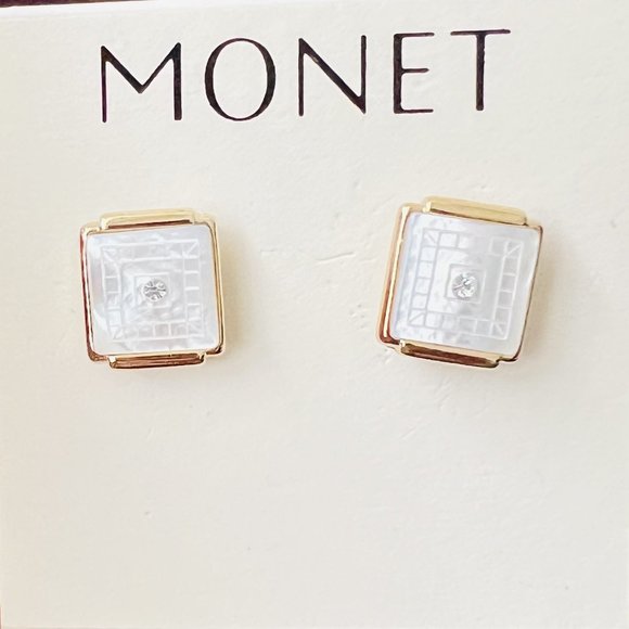 Vintage MONET Natural Rainbow Mother of Pearl Shell Earrings w/Rhinestone - Picture 1 of 5